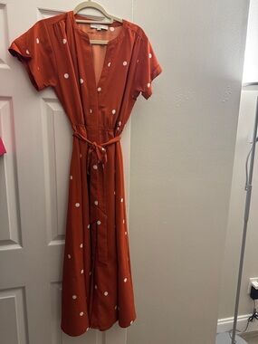 LOFT Rust Polka Dot Maxi Dress with Tie Waist